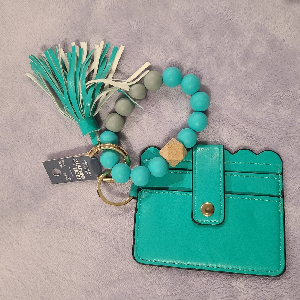 Iron Orchid Aqua Card Holder with Tassel and Beads & Keychain